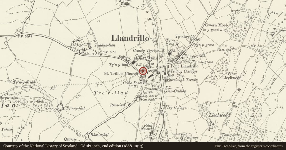 Ordnance Survey six-inch map, 2nd edition (1888–1913) covering the location of 4 High Street, Llandrillo, Denbighshire, with a pin at the register's coordinates