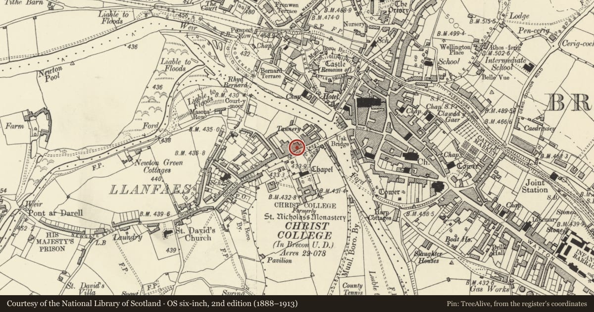 Ordnance Survey six-inch map, 2nd edition (1888–1913) covering the location of 13 Bridge Street including mounting block against front, and Wings of former Coaching Yard to rear, Brecon, Powys, with a pin at the register's coordinates