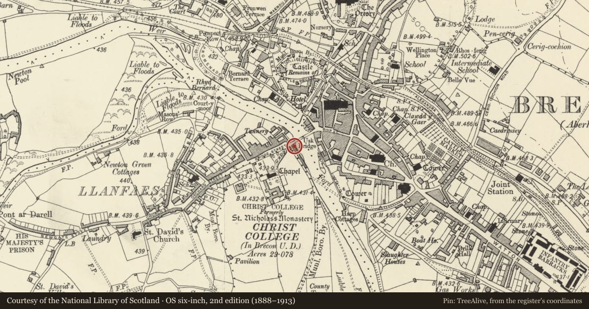 Ordnance Survey six-inch map, 2nd edition (1888–1913) covering the location of Powell Art Centre, Christ College, Brecon, Powys, with a pin at the register's coordinates