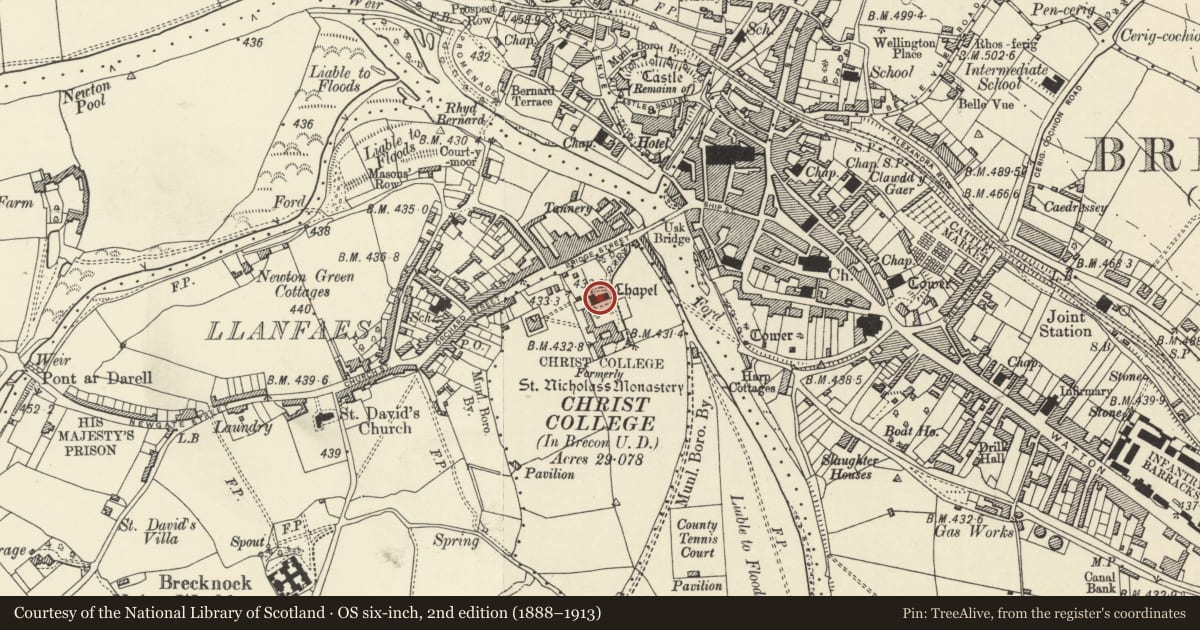 Ordnance Survey six-inch map, 2nd edition (1888–1913) covering the location of Chapel and Remains of Nave of Former Friary at Christ College, Brecon, Powys, with a pin at the register's coordinates