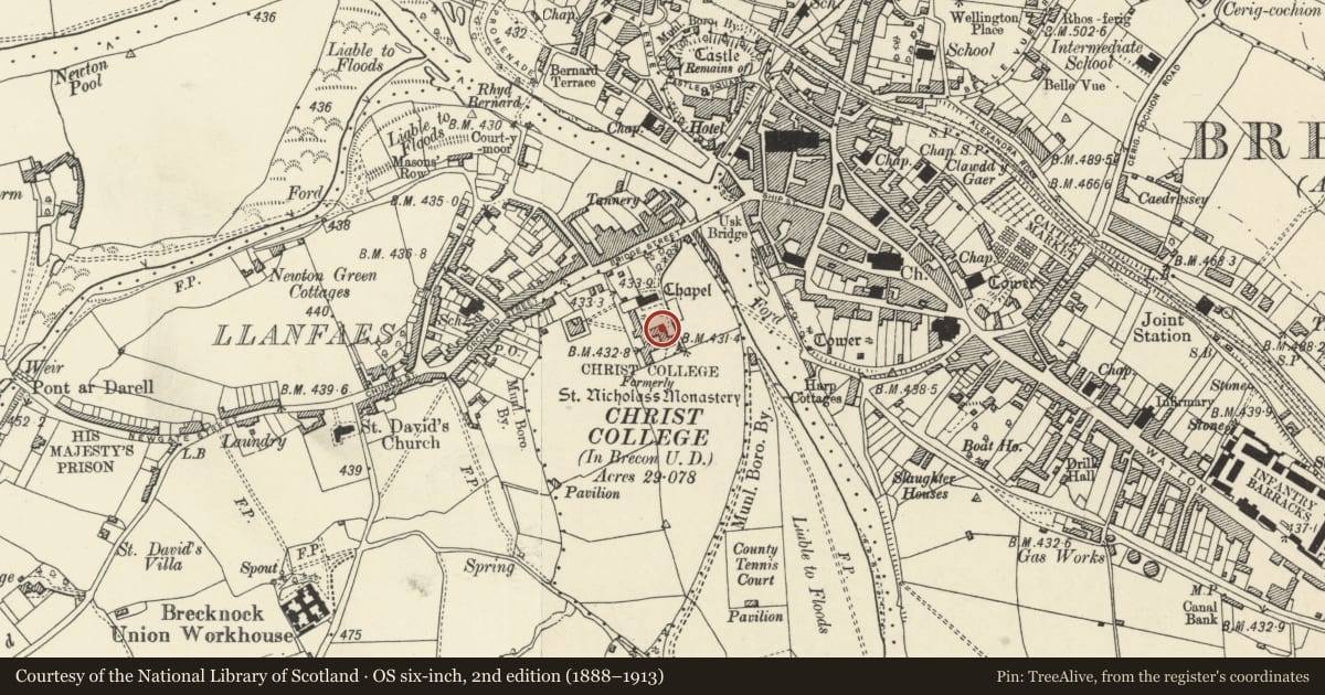 Ordnance Survey six-inch map, 2nd edition (1888–1913) covering the location of Block of Buildings at Christ College to SE of School Chapel, Brecon, Powys, with a pin at the register's coordinates