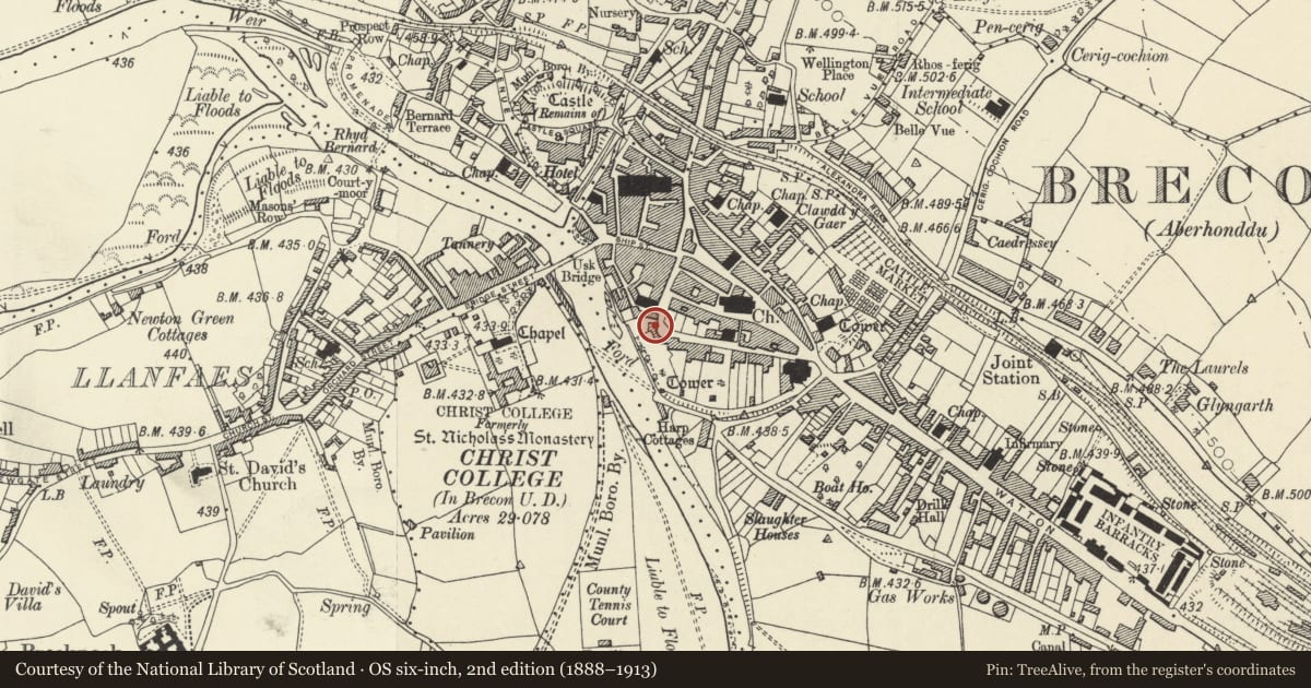 Ordnance Survey six-inch map, 2nd edition (1888–1913) covering the location of 1 Buckingham Place, Brecon, Powys, with a pin at the register's coordinates
