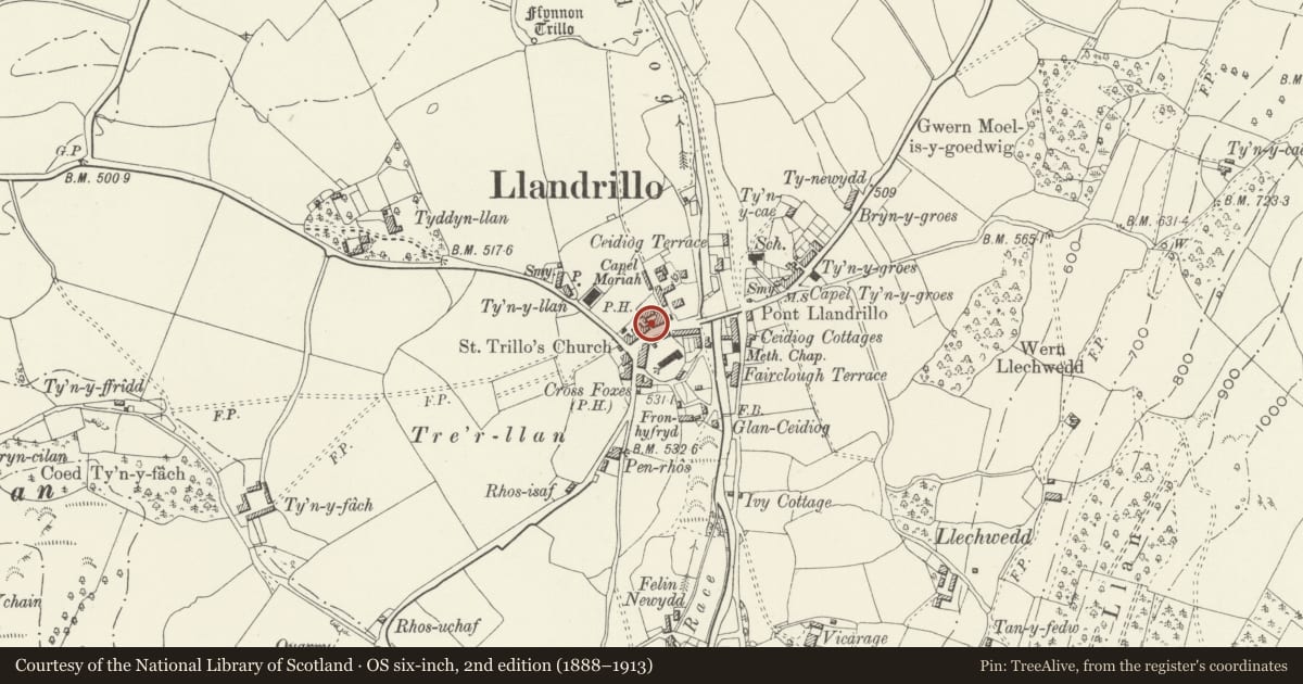 Ordnance Survey six-inch map, 2nd edition (1888–1913) covering the location of 5 High Street, Llandrillo, Denbighshire, with a pin at the register's coordinates