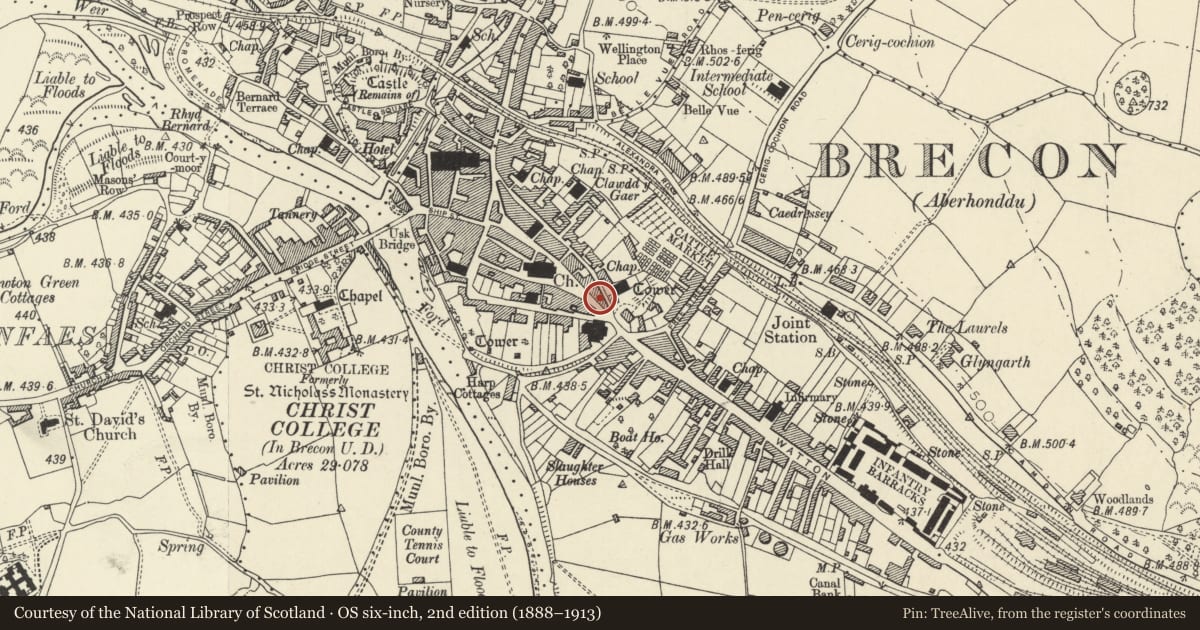 Ordnance Survey six-inch map, 2nd edition (1888–1913) covering the location of 3 The Bulwark, Brecon, Powys, with a pin at the register's coordinates