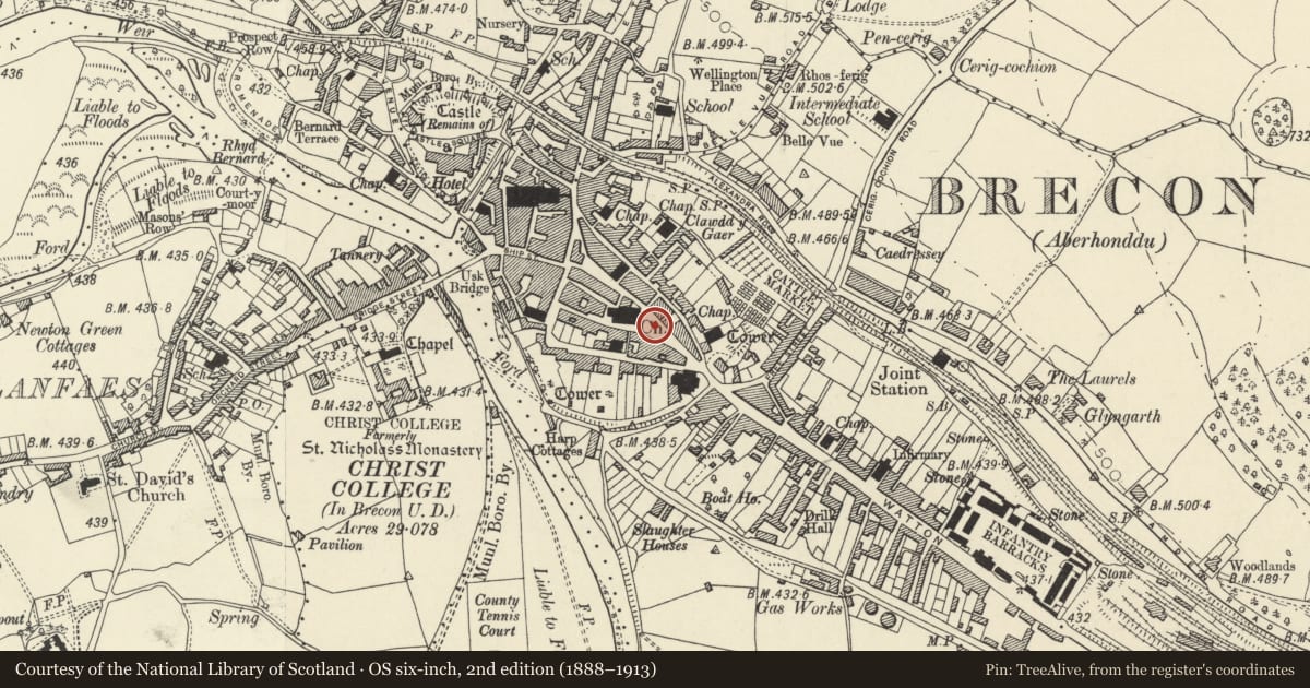 Ordnance Survey six-inch map, 2nd edition (1888–1913) covering the location of The Duke of Wellington Monument, Brecon, Powys, with a pin at the register's coordinates