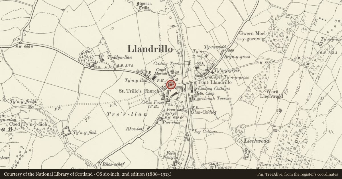 Ordnance Survey six-inch map, 2nd edition (1888–1913) covering the location of 6 High Street, Llandrillo, Denbighshire, with a pin at the register's coordinates