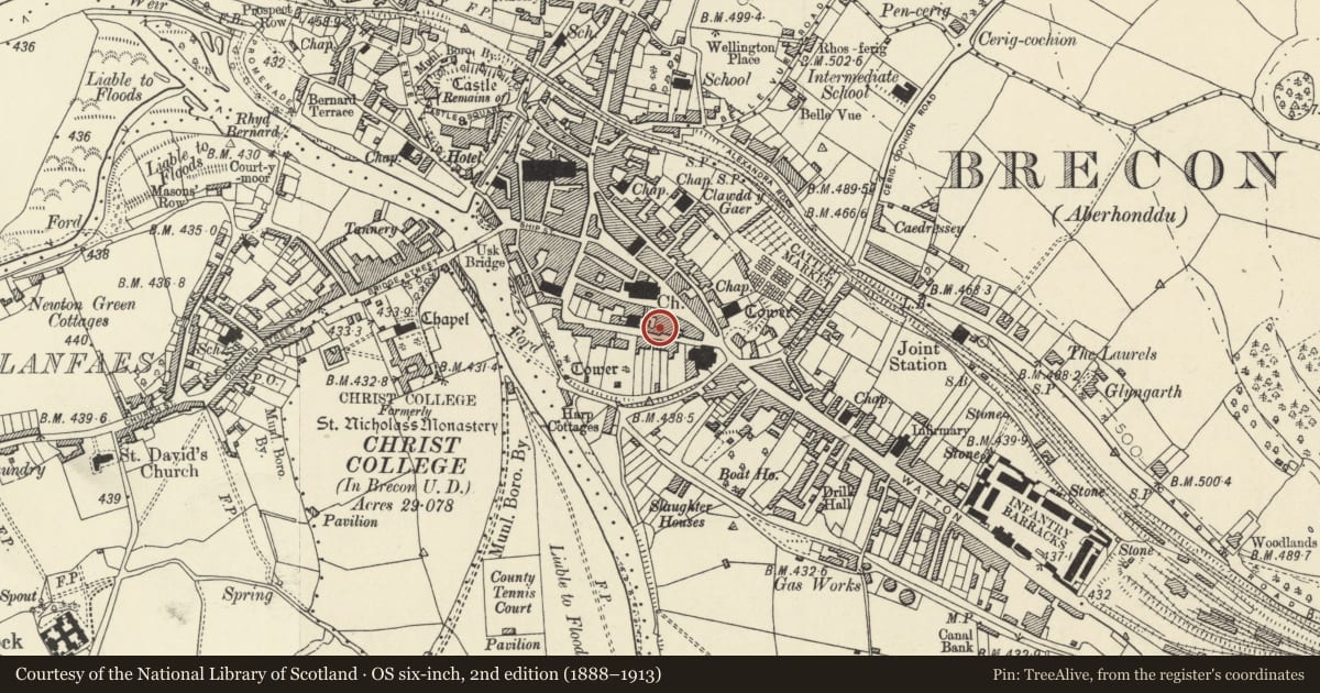 Ordnance Survey six-inch map, 2nd edition (1888–1913) covering the location of Wellington Hotel including rear wings, Brecon, Powys, with a pin at the register's coordinates
