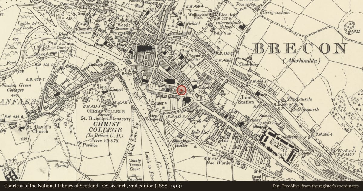 Ordnance Survey six-inch map, 2nd edition (1888–1913) covering the location of Nos 12 & 12a, Brecon, Powys, with a pin at the register's coordinates