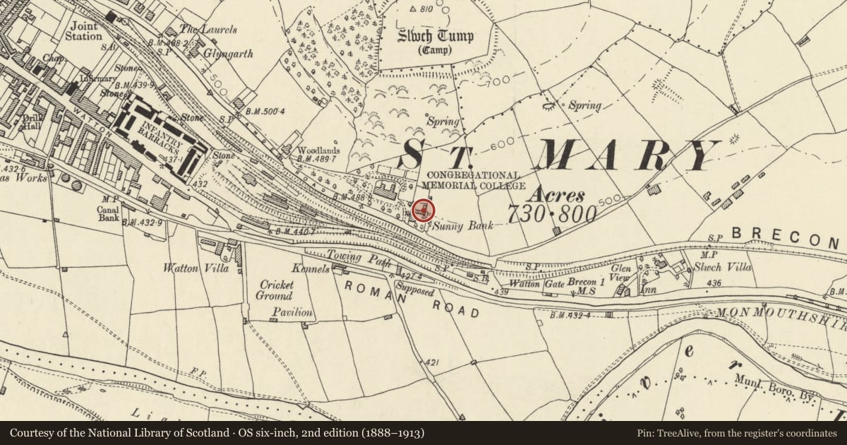 Ordnance Survey six-inch map, 2nd edition (1888–1913) covering the location of Barn at Sunny Barn, Brecon, Powys, with a pin at the register's coordinates