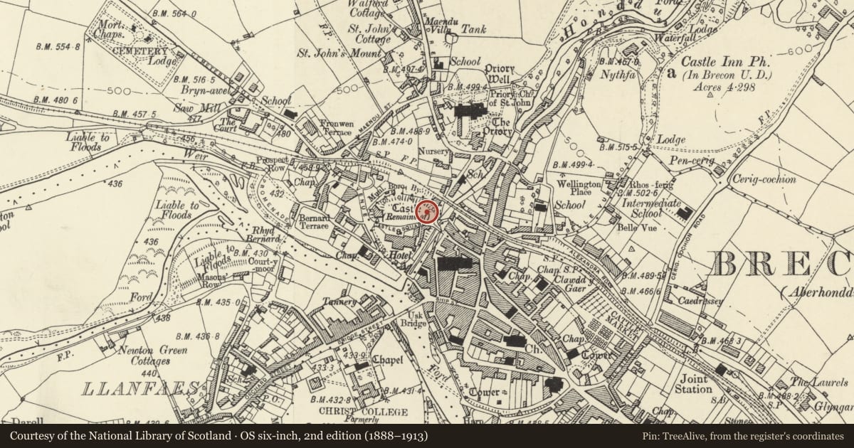 Ordnance Survey six-inch map, 2nd edition (1888–1913) covering the location of Ely Tower of Brecon Castle, Powys, with a pin at the register's coordinates