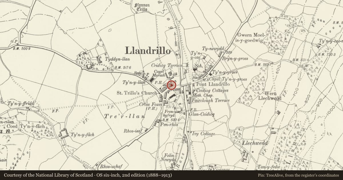 Ordnance Survey six-inch map, 2nd edition (1888–1913) covering the location of Dudley Arms Hotel, Llandrillo, Denbighshire, with a pin at the register's coordinates