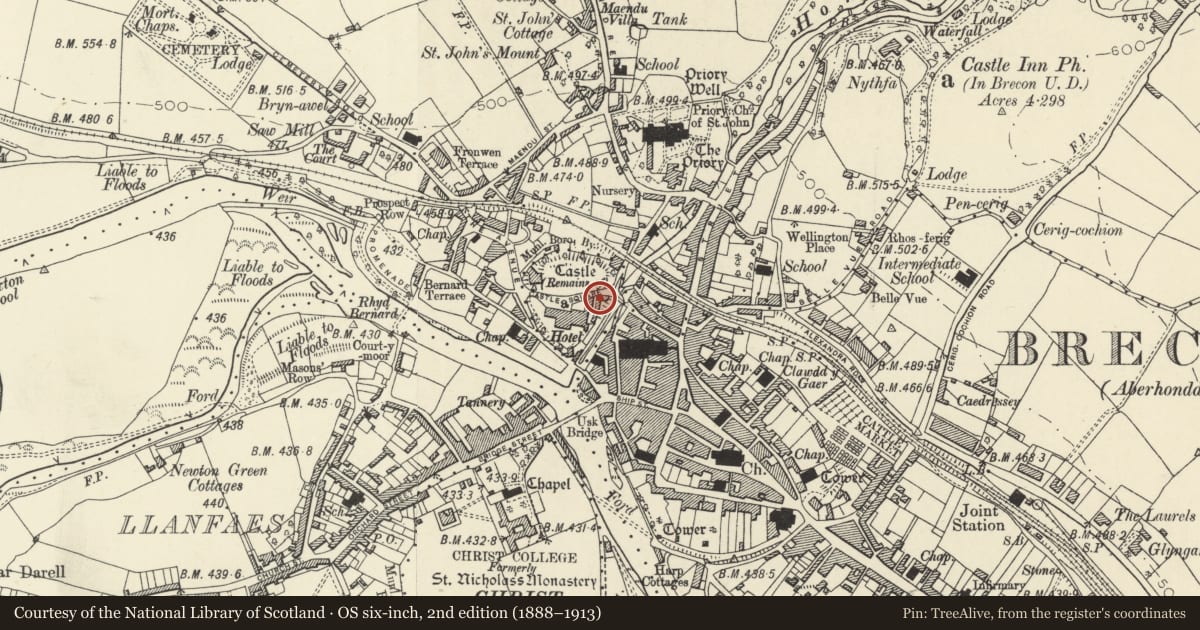 Ordnance Survey six-inch map, 2nd edition (1888–1913) covering the location of Stone Wall to NE of Castle Hotel which faces River Honddu, including Stone Outbuilding at N end, Brecon, Powys, with a pin at the register's coordinates