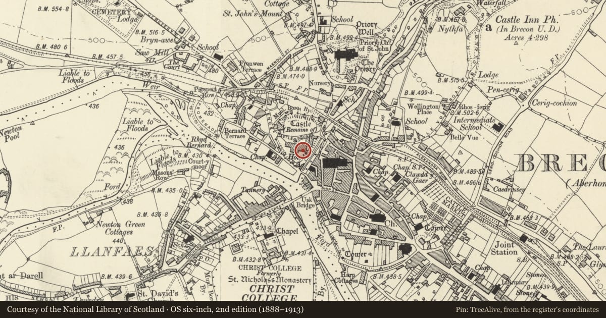 Ordnance Survey six-inch map, 2nd edition (1888–1913) covering the location of Remains of the Great Hall of Brecon Castle, Powys, with a pin at the register's coordinates