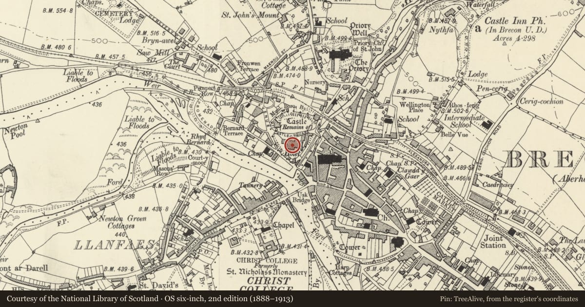 Ordnance Survey six-inch map, 2nd edition (1888–1913) covering the location of Brecon Castle Hotel, Powys, with a pin at the register's coordinates