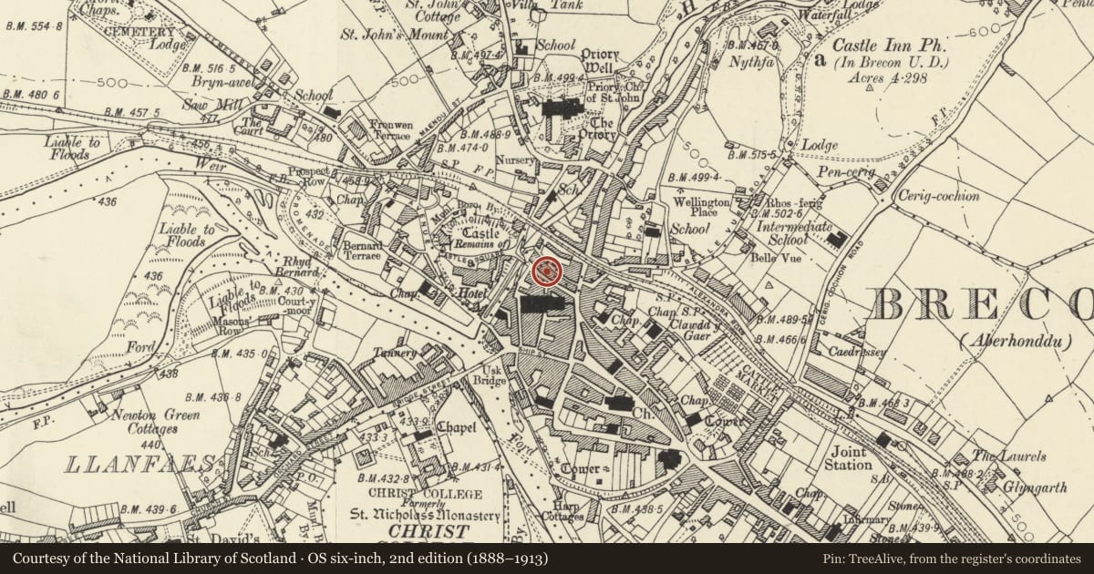 Ordnance Survey six-inch map, 2nd edition (1888–1913) covering the location of 12 Castle Street, Brecon, Powys, with a pin at the register's coordinates