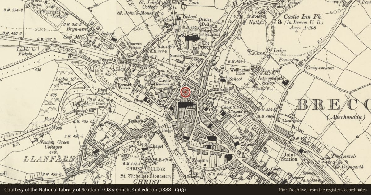 Ordnance Survey six-inch map, 2nd edition (1888–1913) covering the location of 13 Castle Street, Brecon, Powys, with a pin at the register's coordinates