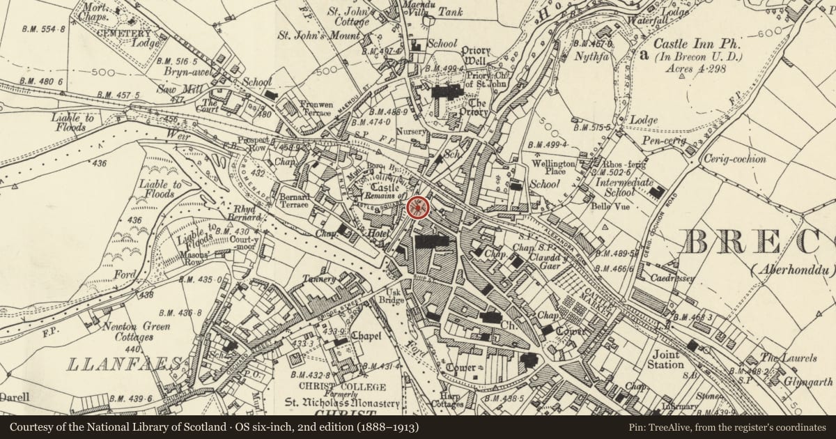 Ordnance Survey six-inch map, 2nd edition (1888–1913) covering the location of Castle Bridge, Brecon, Powys, with a pin at the register's coordinates
