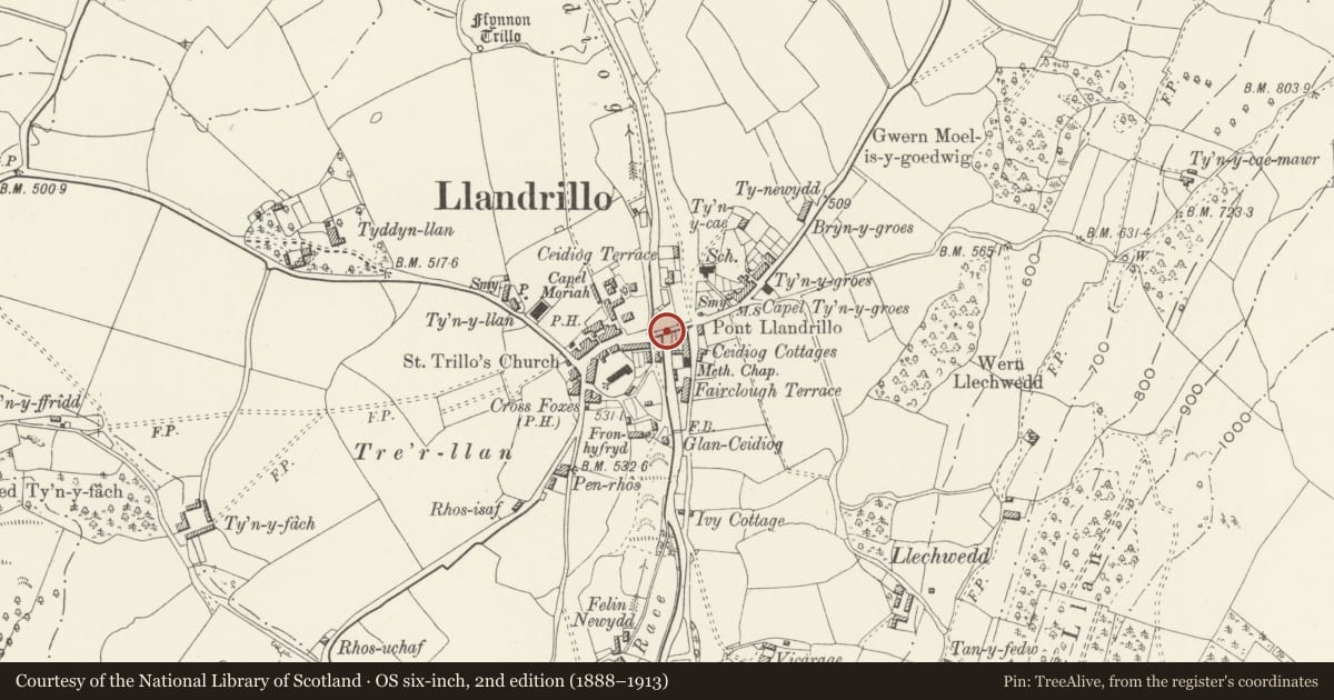 Ordnance Survey six-inch map, 2nd edition (1888–1913) covering the location of Pont Lladrillo, Llandrillo, Denbighshire, with a pin at the register's coordinates