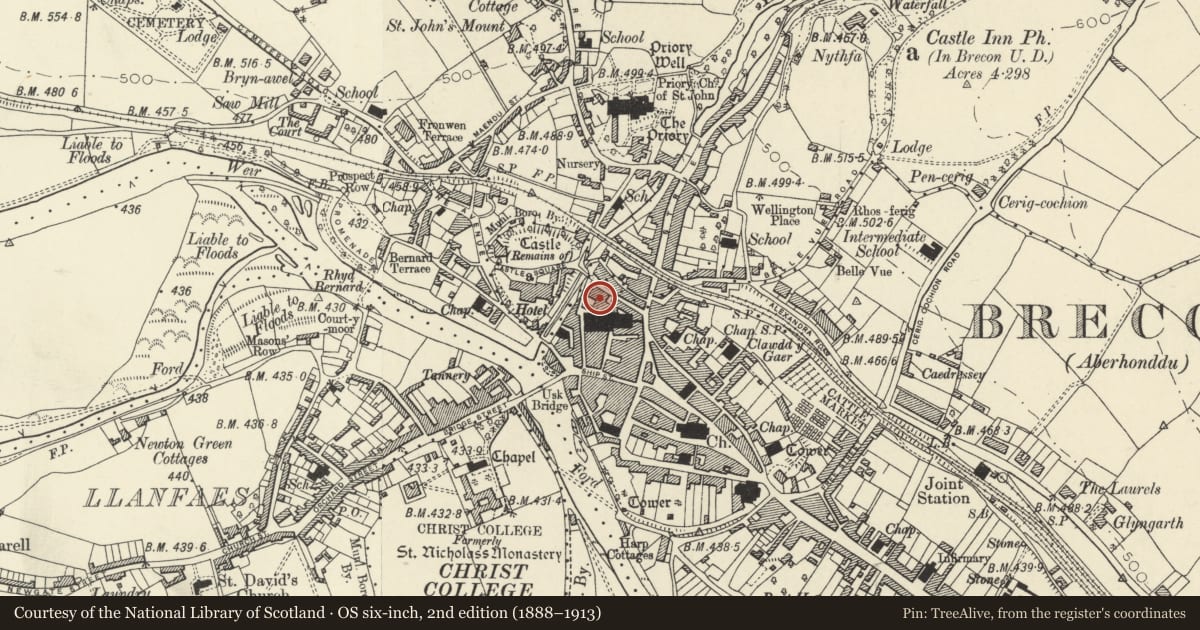Ordnance Survey six-inch map, 2nd edition (1888–1913) covering the location of Rear Garden Wall to Nos.18 to 21 Castle Street, Brecon, Powys, with a pin at the register's coordinates