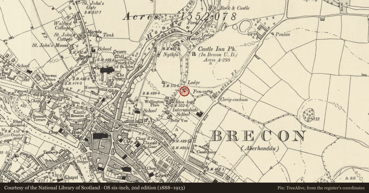 Ordnance Survey six-inch map, 2nd edition (1888–1913) covering the location of Nythfa Lodge, Brecon, Powys, with a pin at the register's coordinates