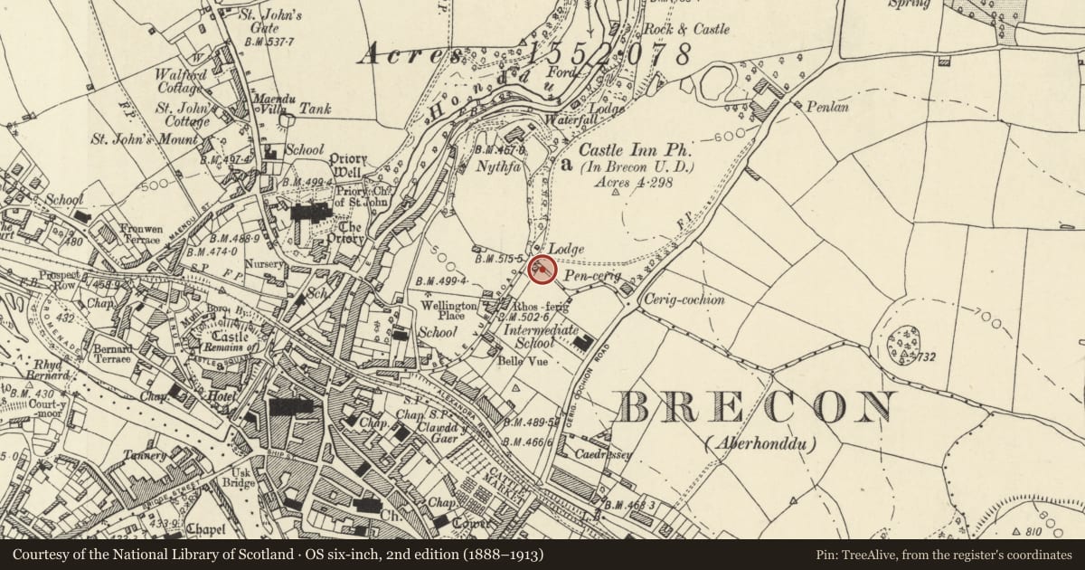 Ordnance Survey six-inch map, 2nd edition (1888–1913) covering the location of Garden Wall and Railings at Nythfa Lodge, Brecon, Powys, with a pin at the register's coordinates