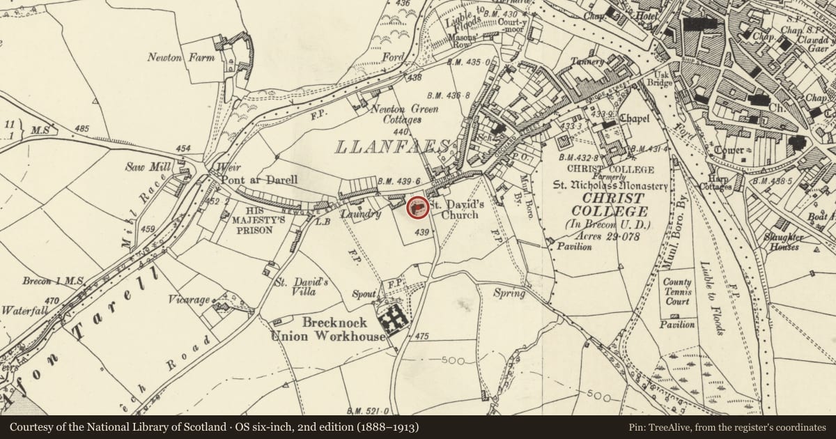 Ordnance Survey six-inch map, 2nd edition (1888–1913) covering the location of Church of St David, Llanfaes, Brecon, Powys, with a pin at the register's coordinates
