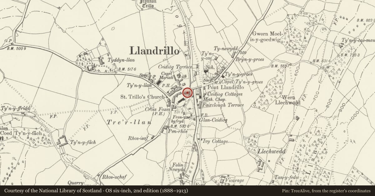 Ordnance Survey six-inch map, 2nd edition (1888–1913) covering the location of 7 High Street, Llandrillo, Denbighshire, with a pin at the register's coordinates