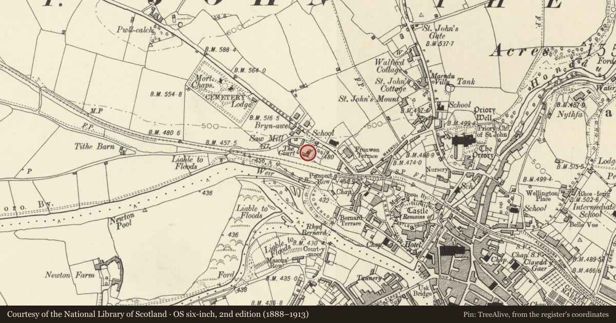Ordnance Survey six-inch map, 2nd edition (1888–1913) covering the location of Court House, Brecon, Powys, with a pin at the register's coordinates