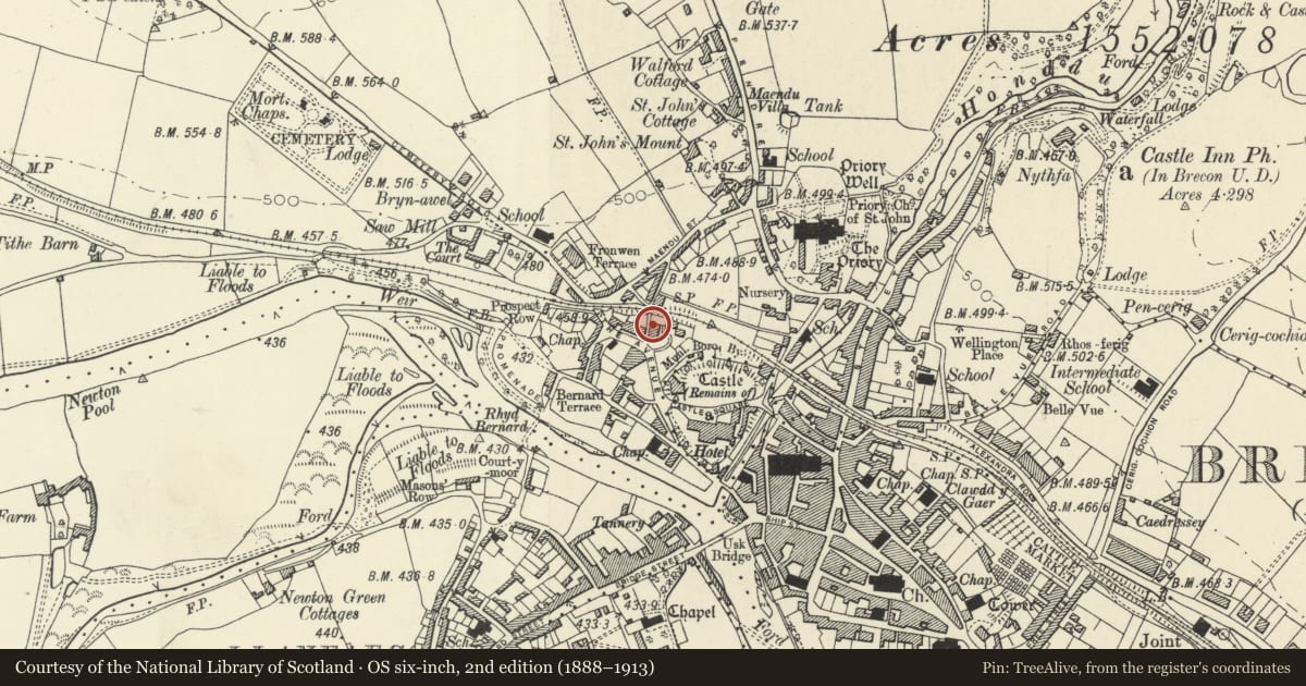 Ordnance Survey six-inch map, 2nd edition (1888–1913) covering the location of Pembrey, Brecon, Powys, with a pin at the register's coordinates