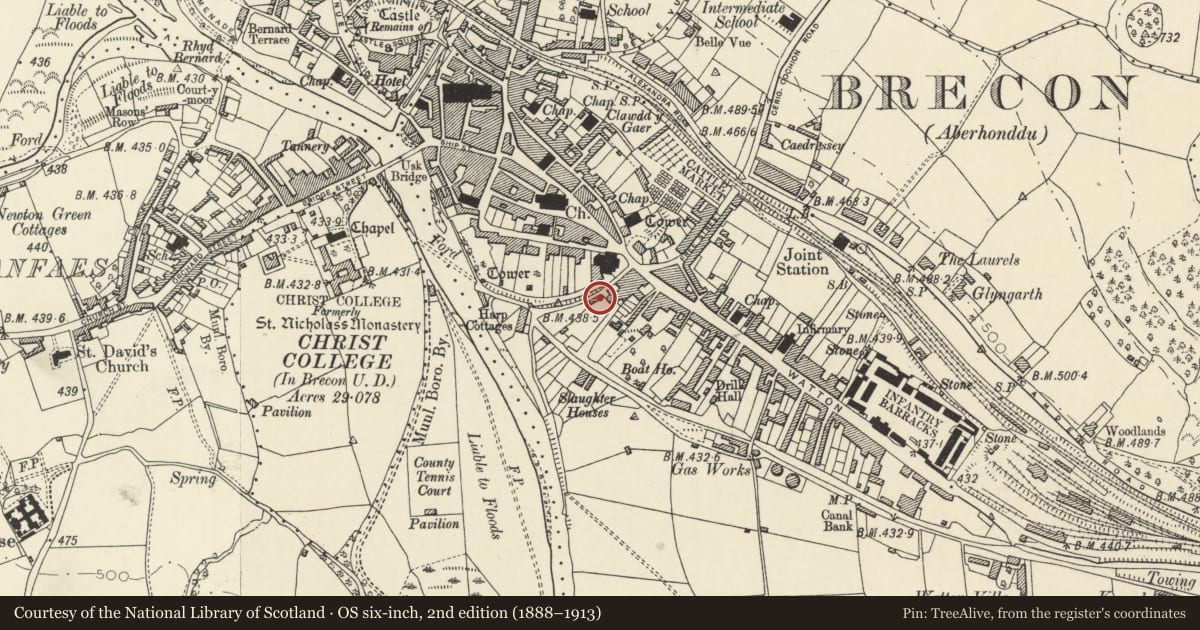 Ordnance Survey six-inch map, 2nd edition (1888–1913) covering the location of Dinas View, Brecon, Powys, with a pin at the register's coordinates