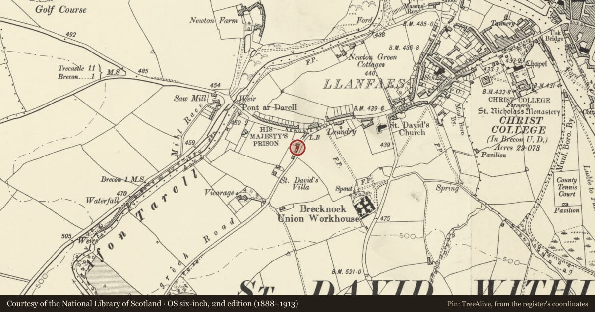 Ordnance Survey six-inch map, 2nd edition (1888–1913) covering the location of 10 Ffrwdgrech Road, Brecon, Powys, with a pin at the register's coordinates