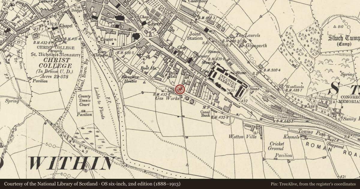 Ordnance Survey six-inch map, 2nd edition (1888–1913) covering the location of Canal Bridge at S end of Gasworks Lane, Brecon, Powys, with a pin at the register's coordinates