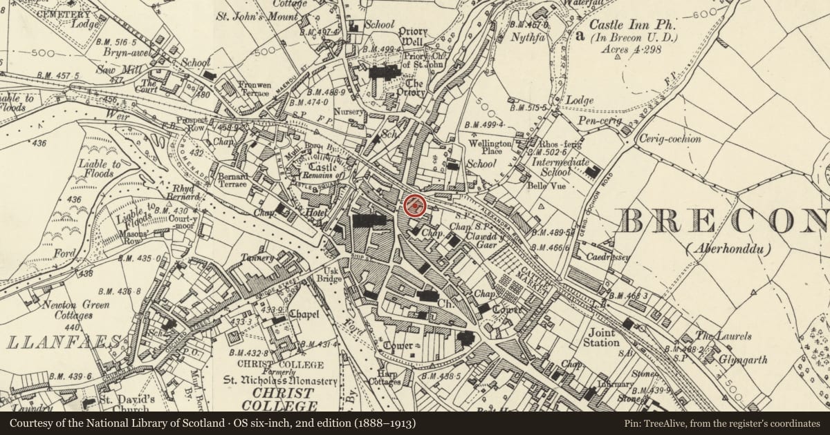 Ordnance Survey six-inch map, 2nd edition (1888–1913) covering the location of The George Hotel, Brecon, Powys, with a pin at the register's coordinates
