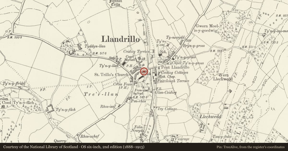 Ordnance Survey six-inch map, 2nd edition (1888–1913) covering the location of 9 High Street, Llandrillo, Denbighshire, with a pin at the register's coordinates