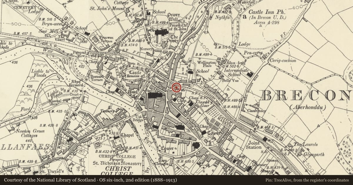 Ordnance Survey six-inch map, 2nd edition (1888–1913) covering the location of Former Cottage next to George Hotel, Brecon, Powys, with a pin at the register's coordinates