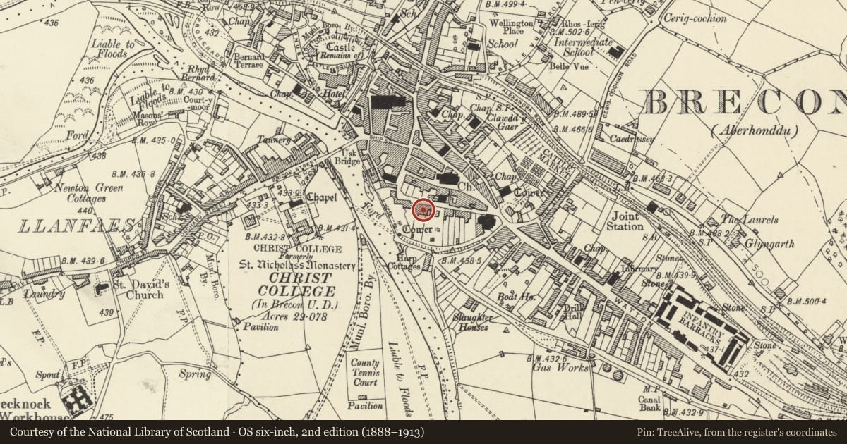 Ordnance Survey six-inch map, 2nd edition (1888–1913) covering the location of Education, Brecon, Powys, with a pin at the register's coordinates