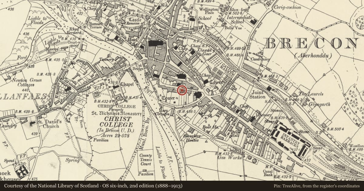 Ordnance Survey six-inch map, 2nd edition (1888–1913) covering the location of 3 Glamorgan Street, Brecon, Powys, with a pin at the register's coordinates