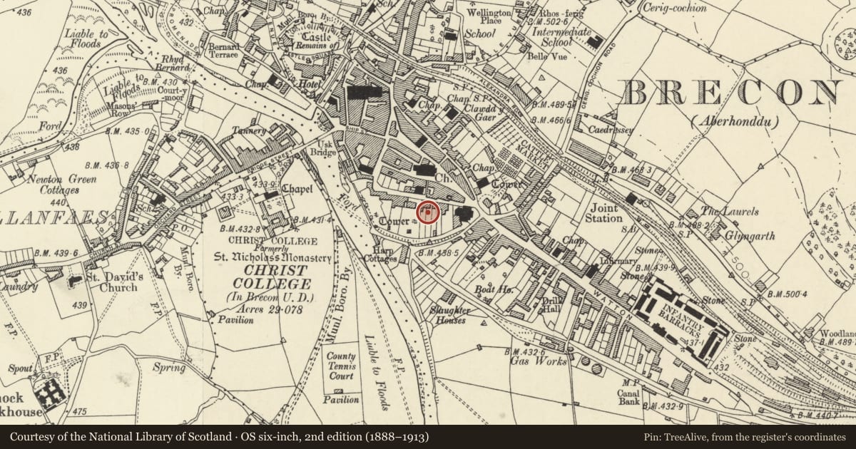 Ordnance Survey six-inch map, 2nd edition (1888–1913) covering the location of Former Garden Wall to Nos.3 & 4 Glamorgan Street (now Wall to Car Park), Brecon, Powys, with a pin at the register's coordinates