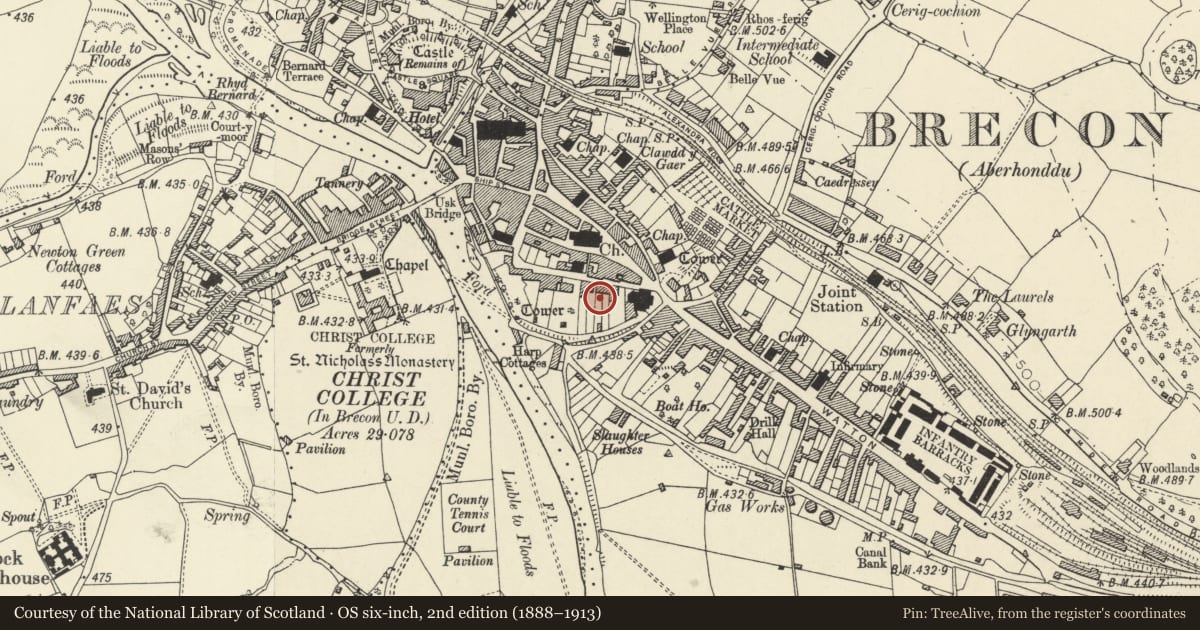 Ordnance Survey six-inch map, 2nd edition (1888–1913) covering the location of Garden Wall to rear of No 5, Brecon, Powys, with a pin at the register's coordinates