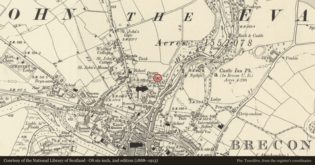 Ordnance Survey six-inch map, 2nd edition (1888–1913) covering the location of Priory Well, Brecon, Powys, with a pin at the register's coordinates