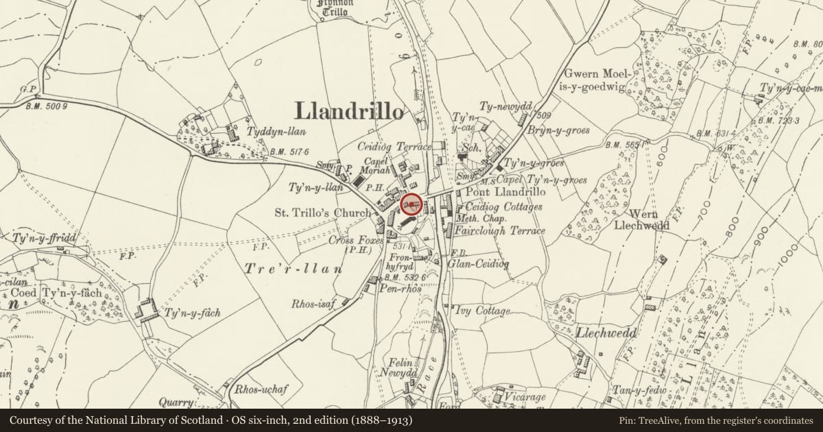 Ordnance Survey six-inch map, 2nd edition (1888–1913) covering the location of 10 High Street, Llandrillo, Denbighshire, with a pin at the register's coordinates