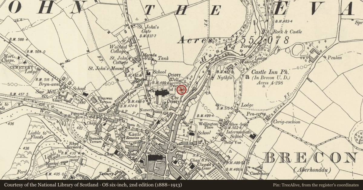Ordnance Survey six-inch map, 2nd edition (1888–1913) covering the location of Walls bounding the path known as The Groves, Brecon, Powys, with a pin at the register's coordinates