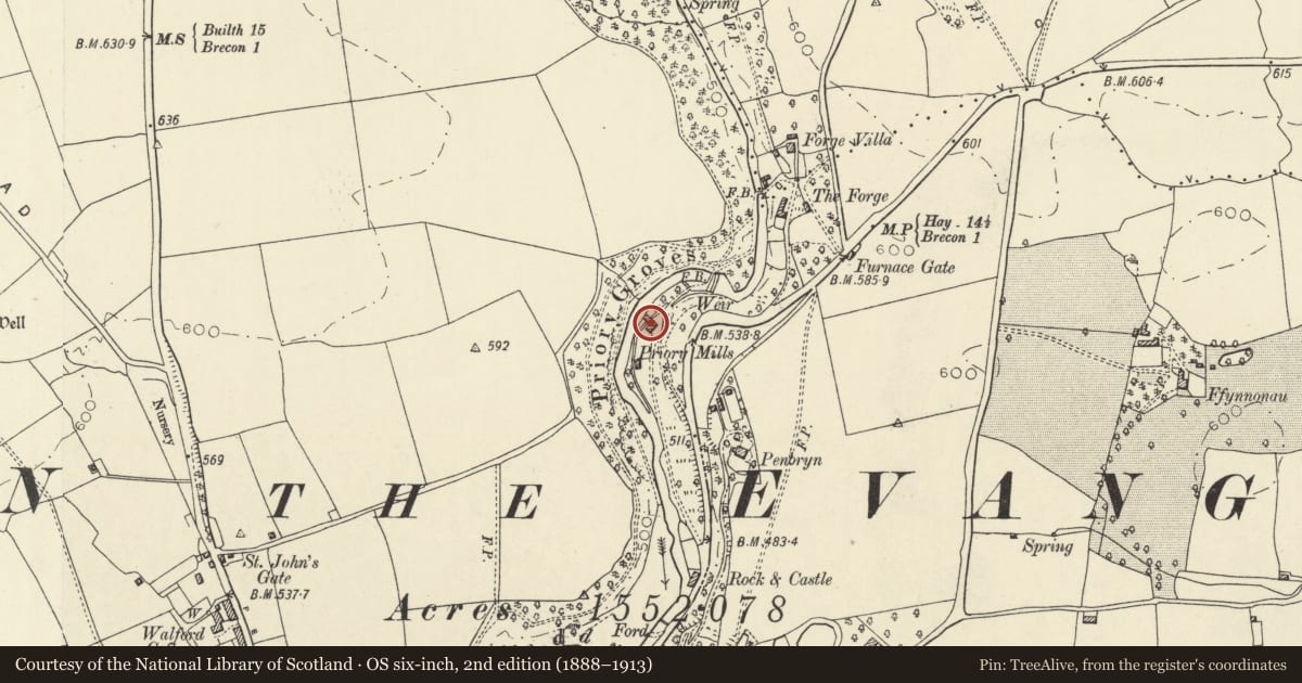 Ordnance Survey six-inch map, 2nd edition (1888–1913) covering the location of Priory Mill, Llanddew, Powys, with a pin at the register's coordinates