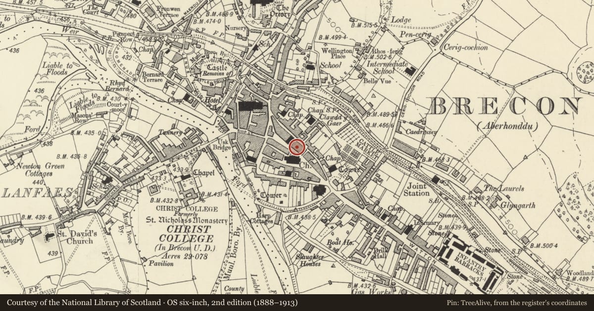Ordnance Survey six-inch map, 2nd edition (1888–1913) covering the location of 3 High Street Inferior, Brecon, Powys, with a pin at the register's coordinates