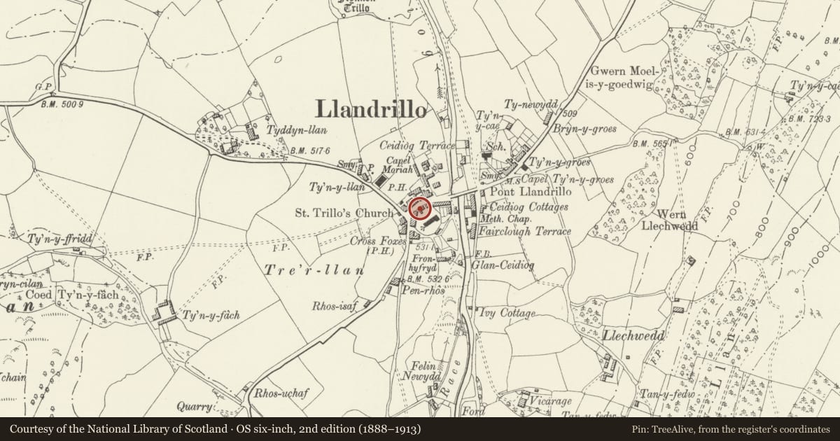 Ordnance Survey six-inch map, 2nd edition (1888–1913) covering the location of 12 High Street, Llandrillo, Denbighshire, with a pin at the register's coordinates