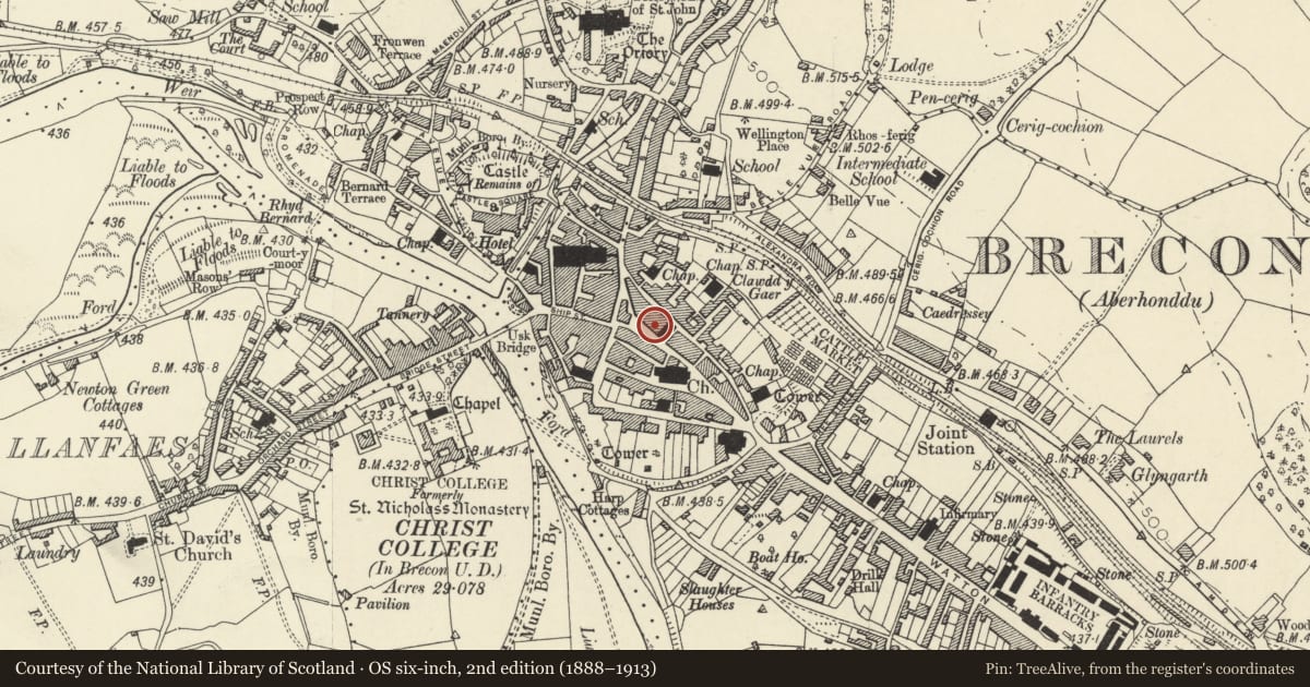 Ordnance Survey six-inch map, 2nd edition (1888–1913) covering the location of 9 High Street Inferior, Brecon, Powys, with a pin at the register's coordinates