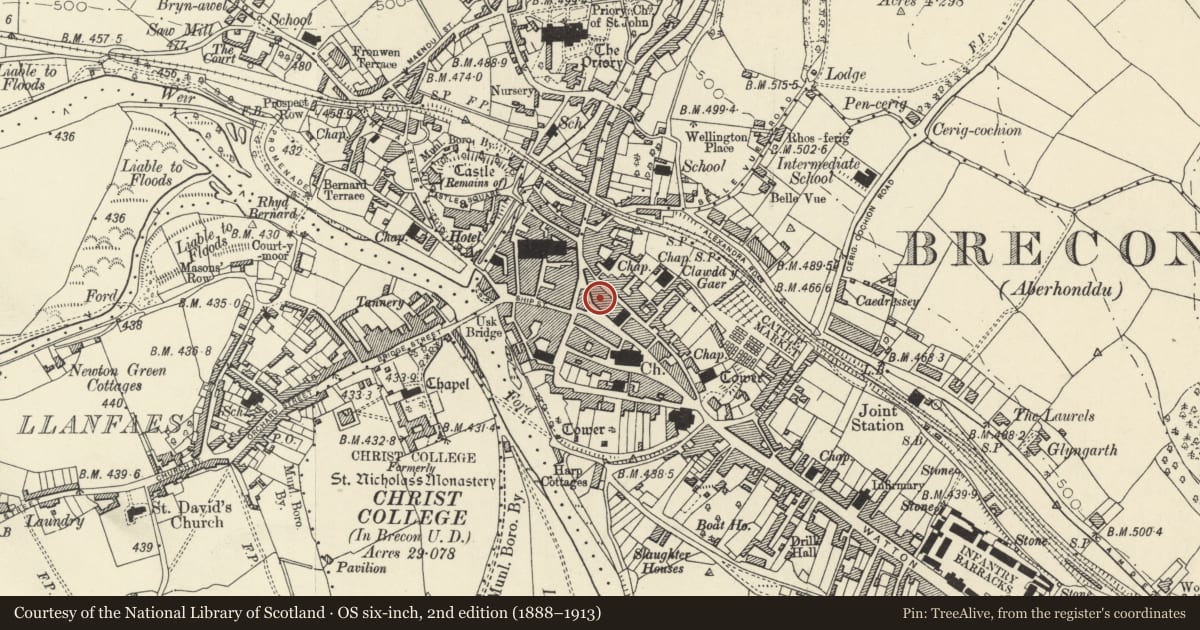 Ordnance Survey six-inch map, 2nd edition (1888–1913) covering the location of Warwick House, Brecon, Powys, with a pin at the register's coordinates