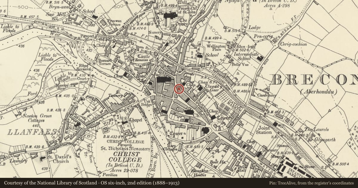 Ordnance Survey six-inch map, 2nd edition (1888–1913) covering the location of 18 High Street Inferior, Brecon, Powys, with a pin at the register's coordinates