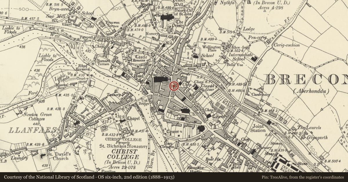 Ordnance Survey six-inch map, 2nd edition (1888–1913) covering the location of 20 High Street Inferior, Brecon, Powys, with a pin at the register's coordinates