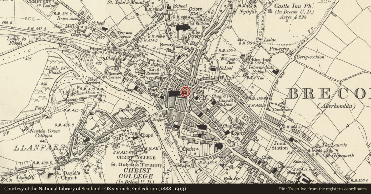 Ordnance Survey six-inch map, 2nd edition (1888–1913) covering the location of 26 High Street Superior, Brecon, Powys, with a pin at the register's coordinates